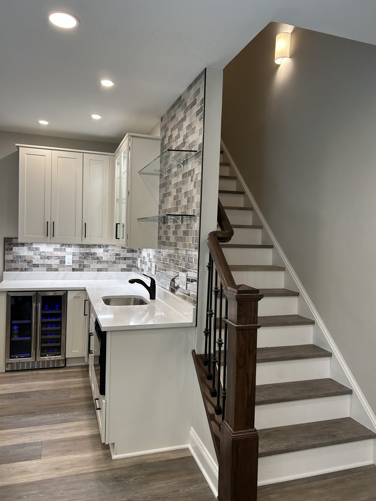 Basement with wood-look luxury vinyl flooring