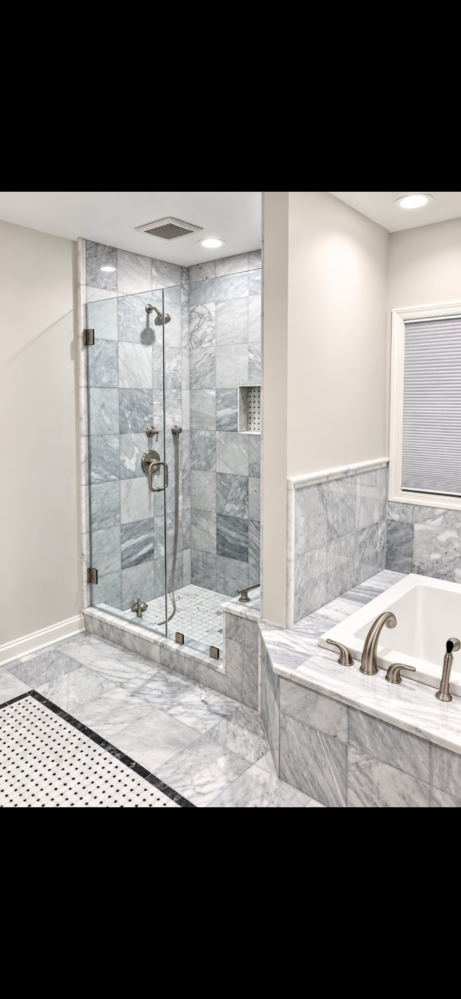 Marble bathroom with glass walk-in shower