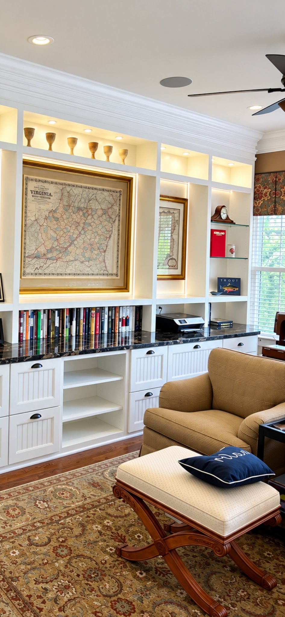 Home office with floor-to-ceiling built-in shelving